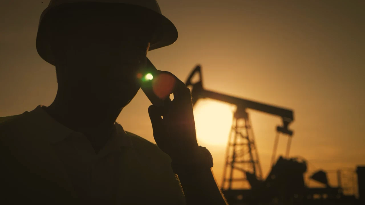Operator using a radio beside an oil pump