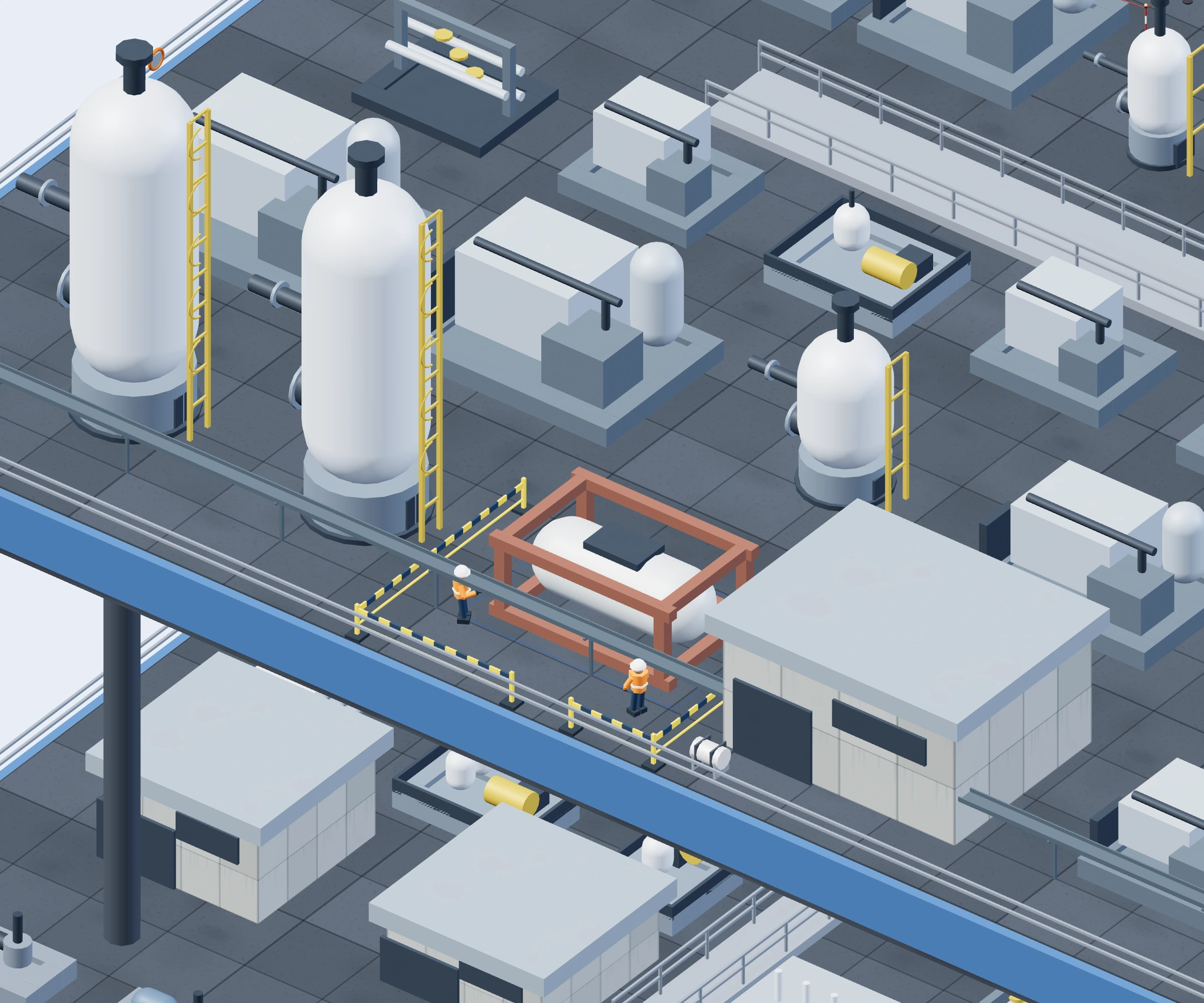 Kelmara digital twin showing two crew members inspecting the selected storage tank inside a yellow-and-black barricaded work area